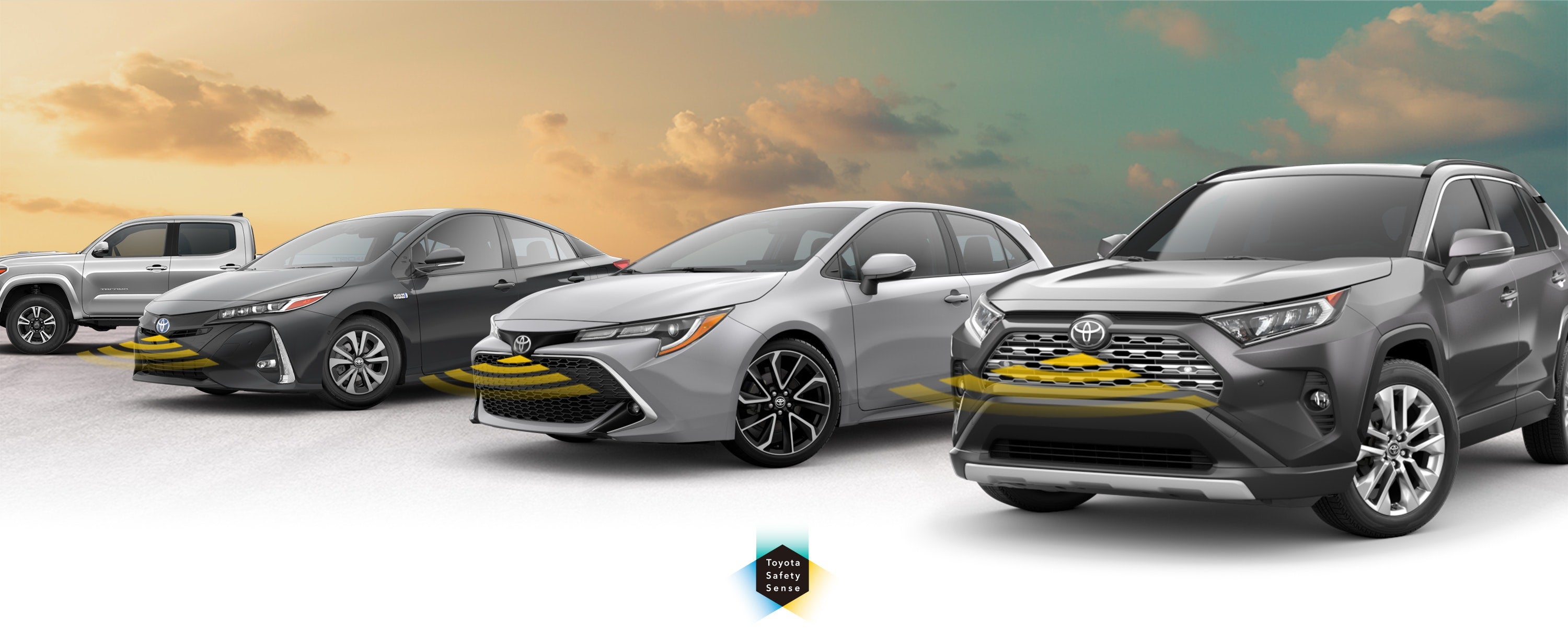 Toyota Safety Sense: Designed for Safety. Options shown on Toyota models including RAV4, Tacoma, and Camry, available now at Prince Toyota in Tifton GA.